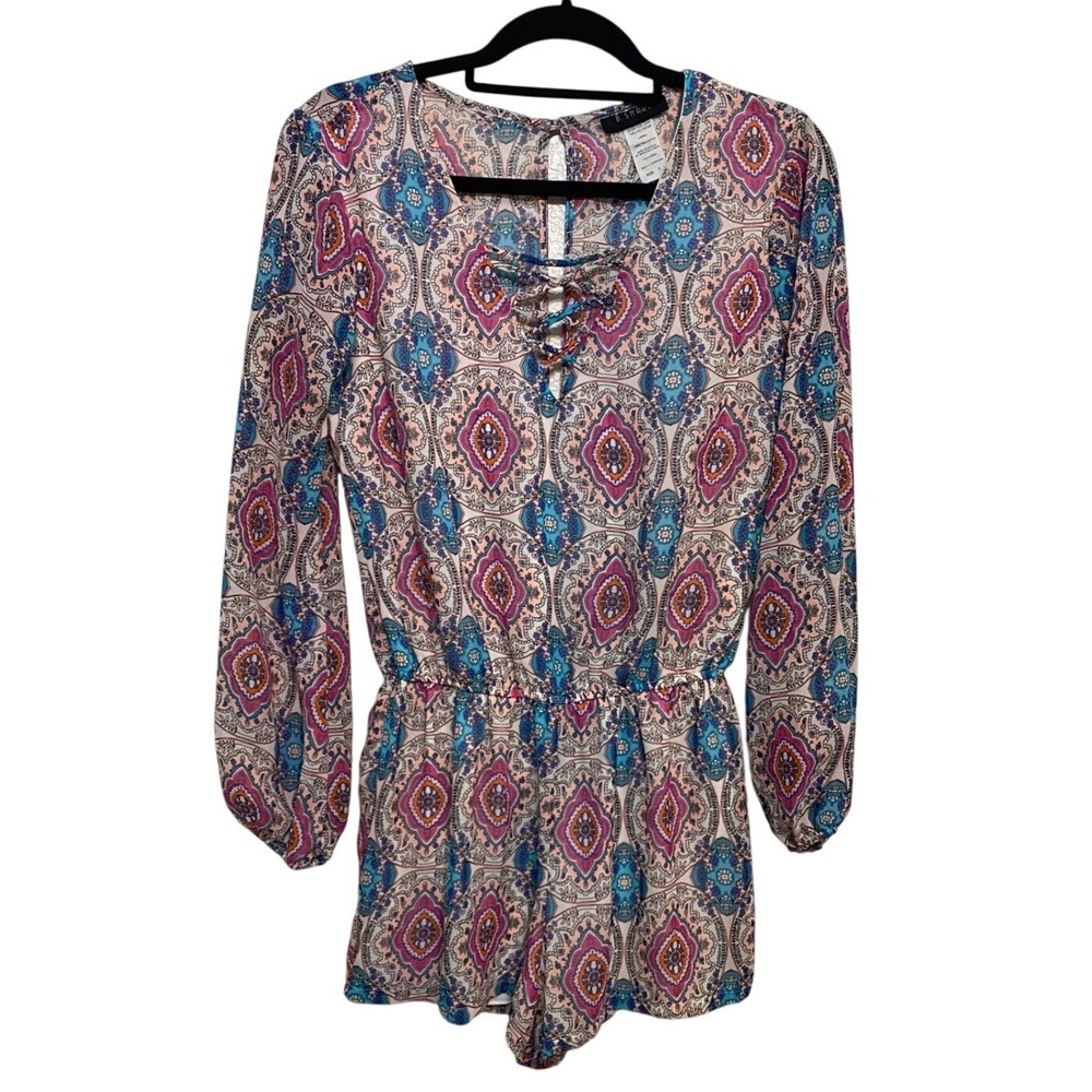 B. Smart Shorts Romper Paisley Lace Up‎ Long Sleeve Blue Pink Womens SZ  7